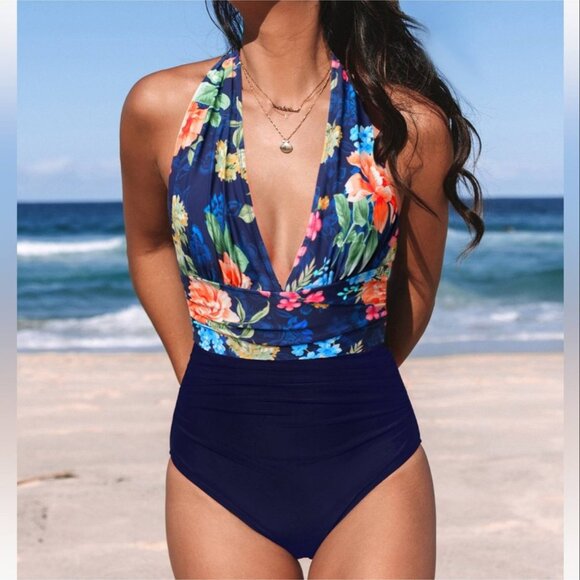 NWT Cupshe Boho Navy Blue Floral Halter Tummy Control‎ One-Piece Size Medium - Picture 4 of 9